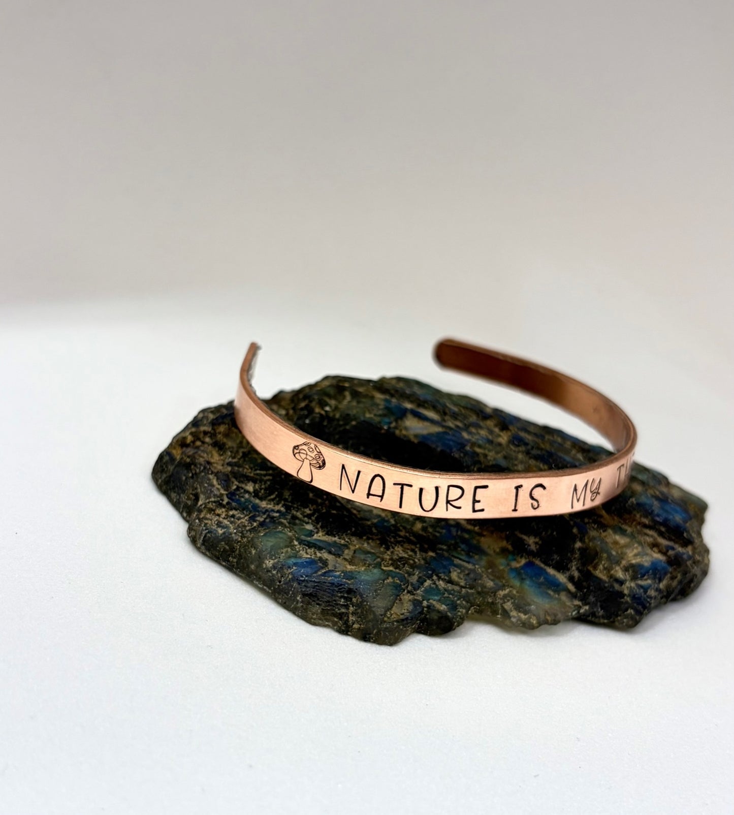 Nature Is My Therapy Bracelet – Rustic Hand-Stamped Copper Cuff