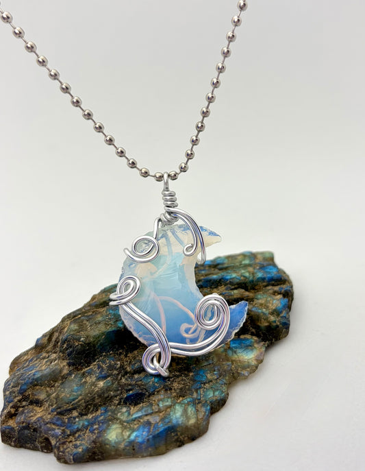 Lunar Glow” – Silver Aluminum Wire Wrapped Opalite Crescent Necklace