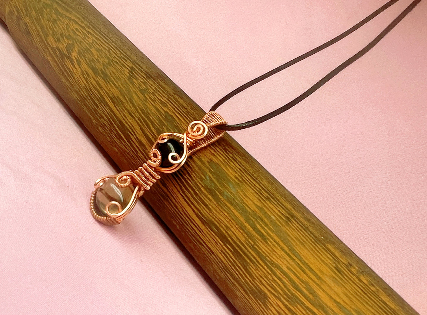 Wire Wrapped Smoky Quartz and Onyx Gemstone Necklace, Copper Wire
