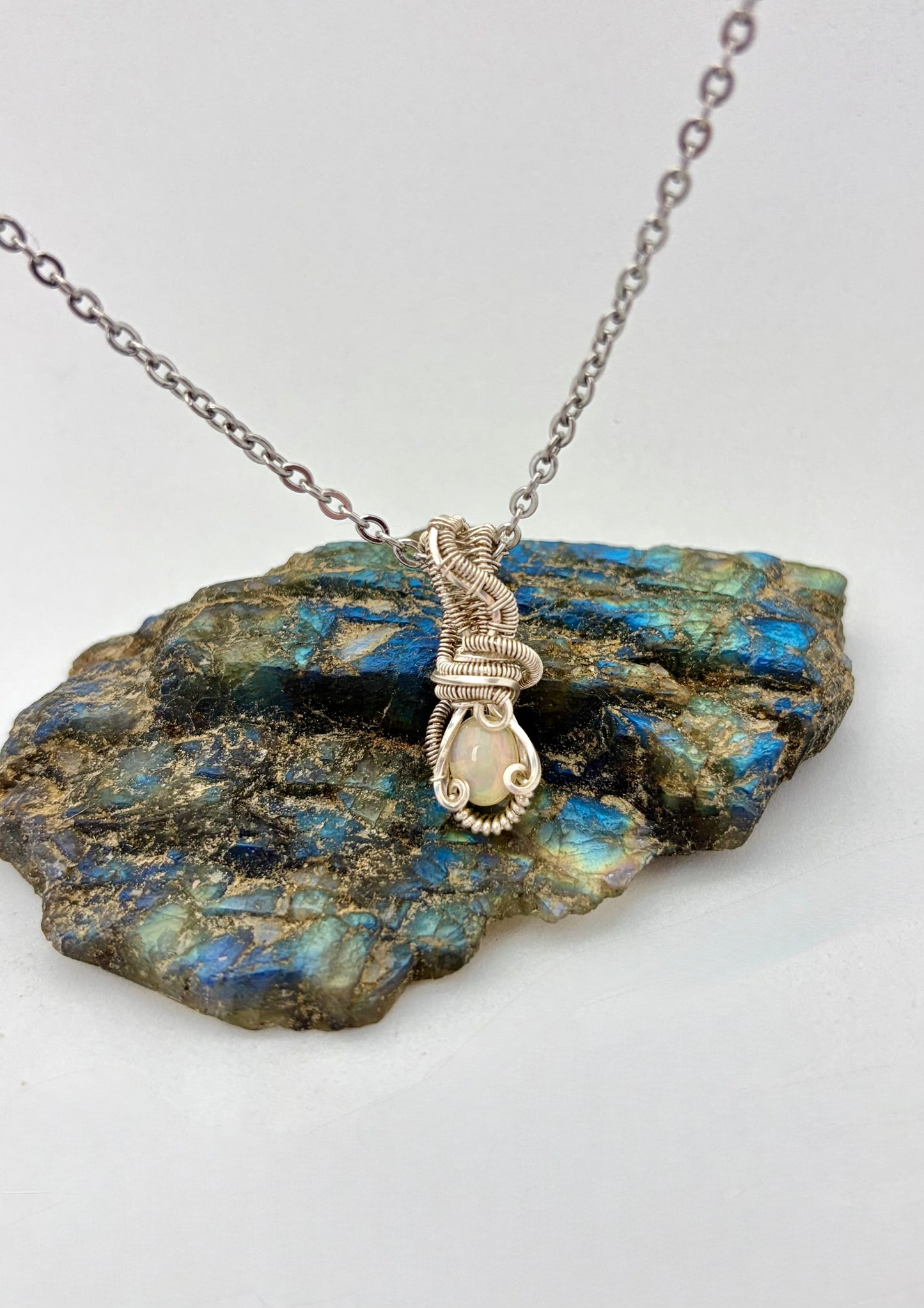 Wire Wrapped Opal Gemstone  Necklace, Sterling Silver Wire