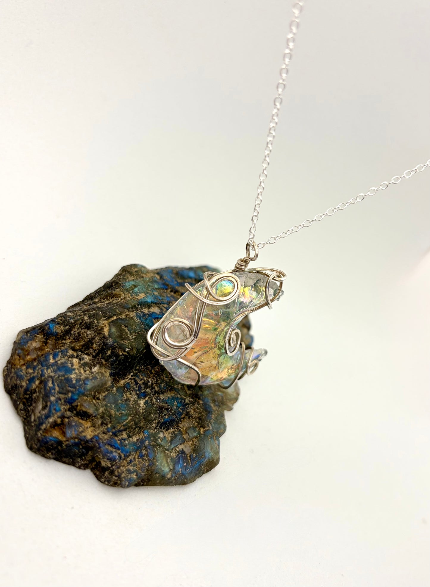Moonlit Mirage – Sterling Silver Wire Wrapped Aura Quartz Crescent Necklace