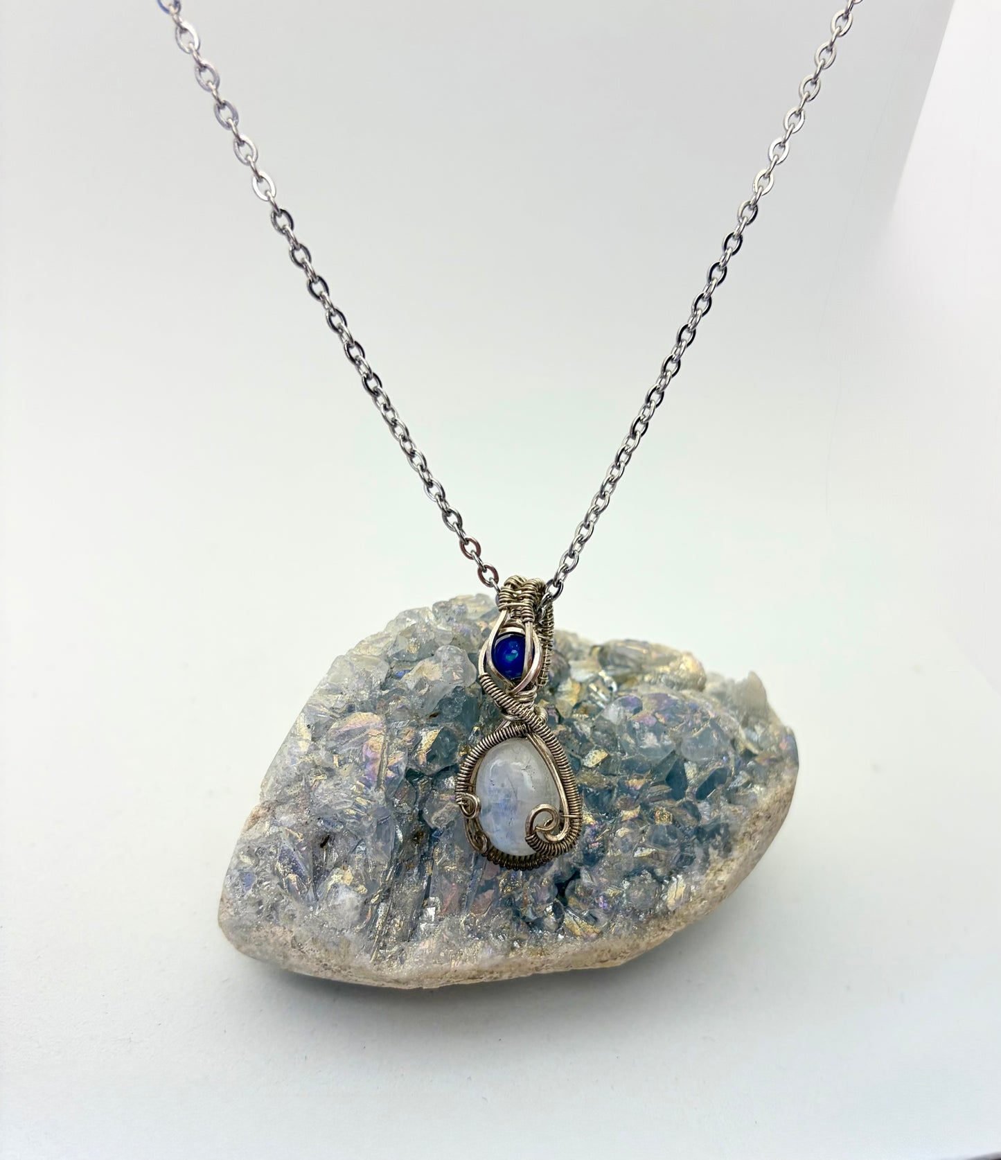 Wire Wrapped Moonstone Gemstone with Opal Accent Necklace, Sterling Silver Wire