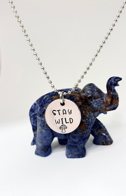 Hand Stamped “Stay Wild” Necklace – Mushroom Pendant – Cottagecore Aluminum Jewelry