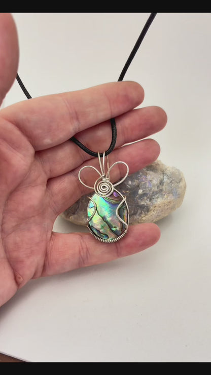 Wire Wrapped Abalone Shell Gemstone  Necklace, Sterling Silver Wire