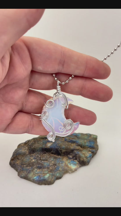 Lunar Glow” – Silver Aluminum Wire Wrapped Opalite Crescent Necklace