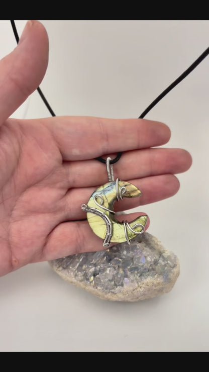 Labradorite Crescent Moon Wire Wrapped Pendant - Stainless Steel Wire