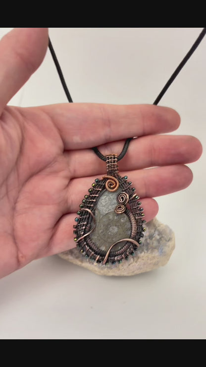 Ammonite Fossil Wire Wrapped Pendant | Copper & Beaded Handmade Necklace