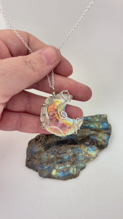 Moonlit Mirage – Sterling Silver Wire Wrapped Aura Quartz Crescent Necklace