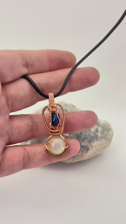 Blue Opal & Moonstone Wire Wrapped Pendant | Handmade Copper Necklace