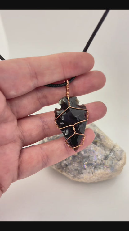 Obsidian Arrowhead Necklace | Copper Wire Wrapped Pendant