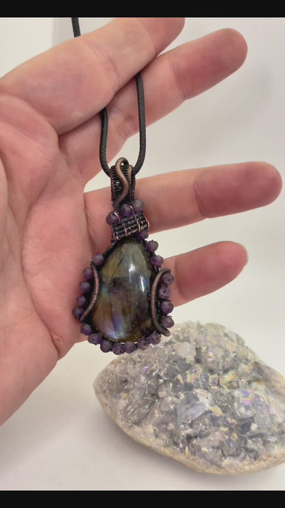 Labradorite & Amethyst Wire Wrapped Pendant | Copper & Crystal Necklace