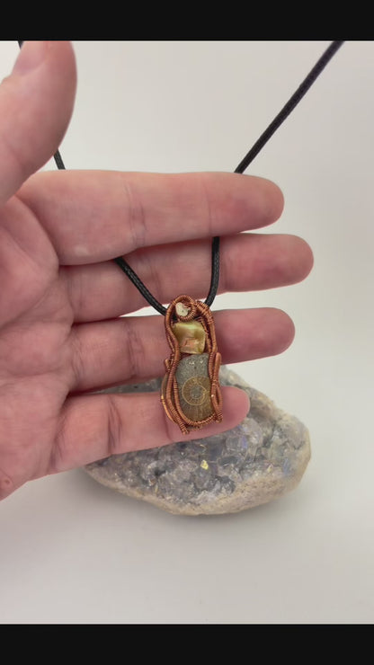 Wire Wrapped Ammonite Fossil with Opal Accents Necklace, Copper Wire