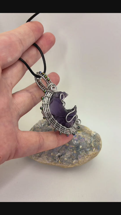 Purple Amethyst Crescent Moon Wire Wrapped Pendant - Stainless Steel Wire