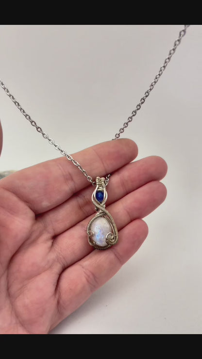 Wire Wrapped Moonstone Gemstone with Opal Accent Necklace, Sterling Silver Wire