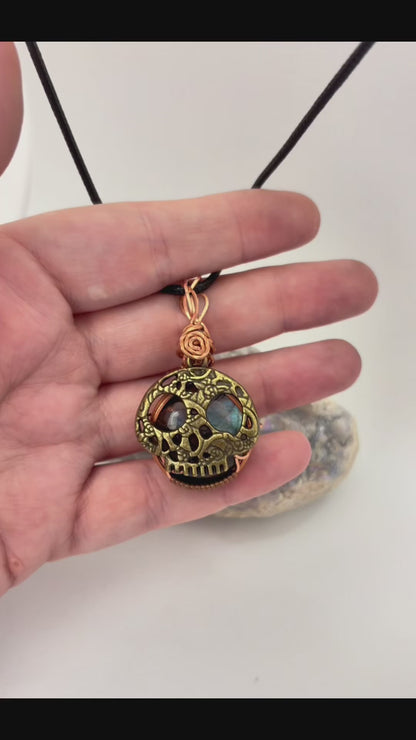 Labradorite Skull Pendant | Copper Wire Wrapped Necklace
