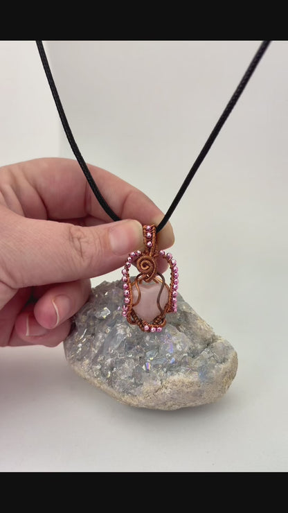 Wire Wrapped Rose Quartz Heart Necklace, Copper Wire