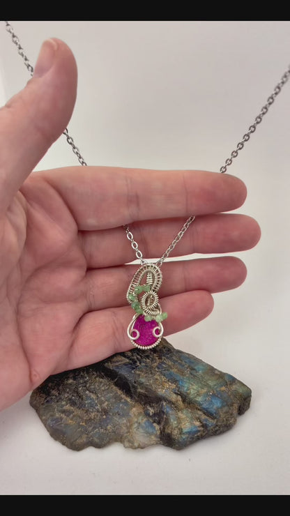 Wire Wrapped Sparkly Pink Druzy Gemstone Necklace, Sterling Silver Wire