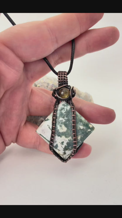 Moss Agate & Citrine Wire Wrapped Pendant | Handmade Copper Necklace