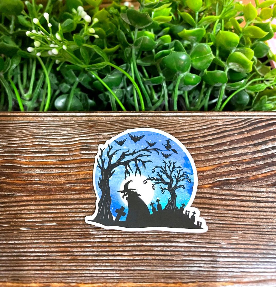 Spooky Scenery, Die Cut Vinyl Sticker, Boho Fun, Water Resistant, Halloween Witch Cemetery |Sticker or Magnet