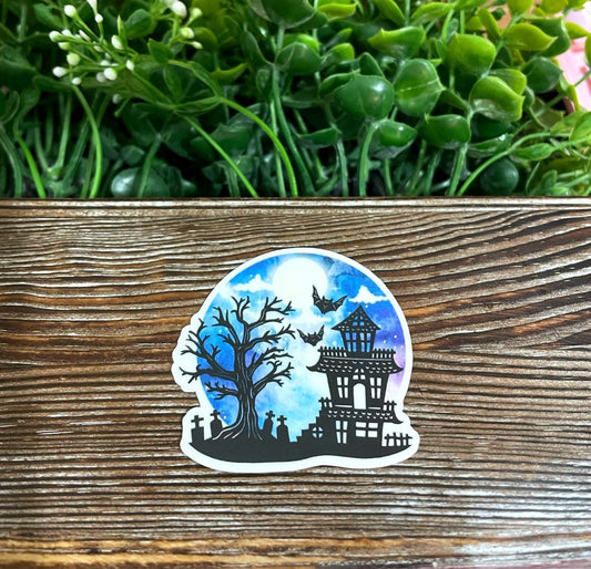 Creepy Haunted House, Die Cut Vinyl Sticker, Boho Fun, Water Resistant, Halloween Bats, Witch Cemetery |Sticker or Magnet