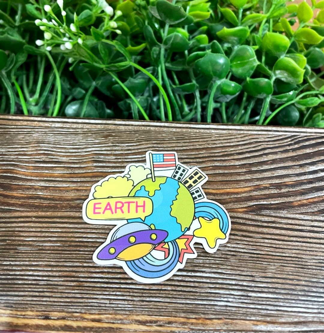 Earth, Die Cut Vinyl Sticker, Boho Fun, Water Resistant, Nasa UFO, Outer Space, American Flag |Sticker or Magnet