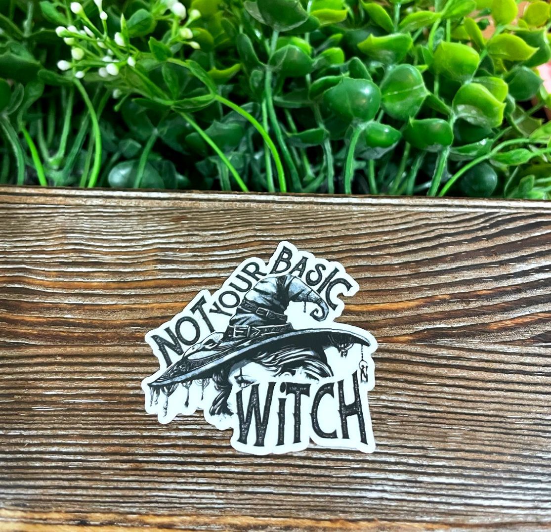 Not Your Basic Witch, Die Cut Vinyl Sticker, Boho Fun, Water Resistant, Halloween Fall, Black and White |Sticker or Magnet