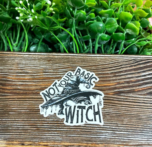 Not Your Basic Witch, Die Cut Vinyl Sticker, Boho Fun, Water Resistant, Halloween Fall, Black and White |Sticker or Magnet