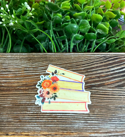 Large Book Stack w/ Watercolor Flowers, Die Cut Vinyl Sticker, Boho Floral, Water Resistant, Vintage Reader, Love Reading |Sticker or Magnet