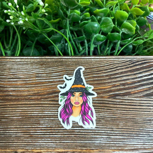 Spooky Witch Purple Hair, Die Cut Vinyl Sticker, Boho Fun, Water Resistant, Halloween Fall |Sticker or Magnet