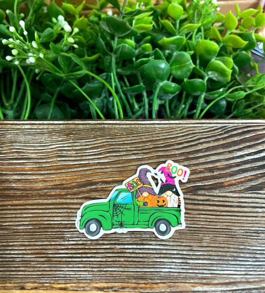 Green Trucks w/ Gnomes, Die Cut Vinyl Sticker, Boho Fun, Water Resistant, Halloween Fall |Sticker or Magnet