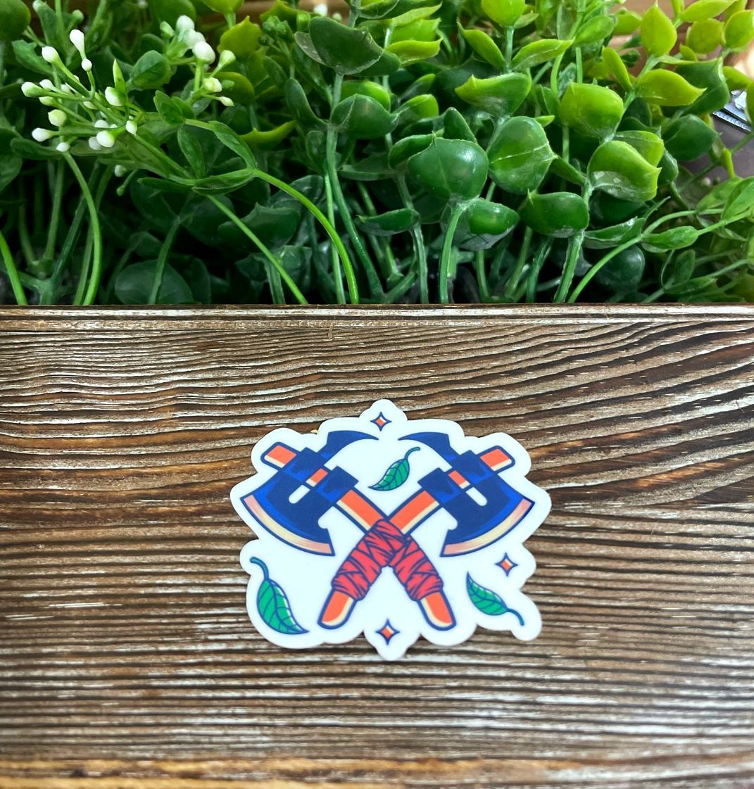 Double Axes W/ Leaves, Die Cut Vinyl Sticker, Water Resistant, Ax Throwing, Medieval, Viking Weapon |Sticker or Magnet