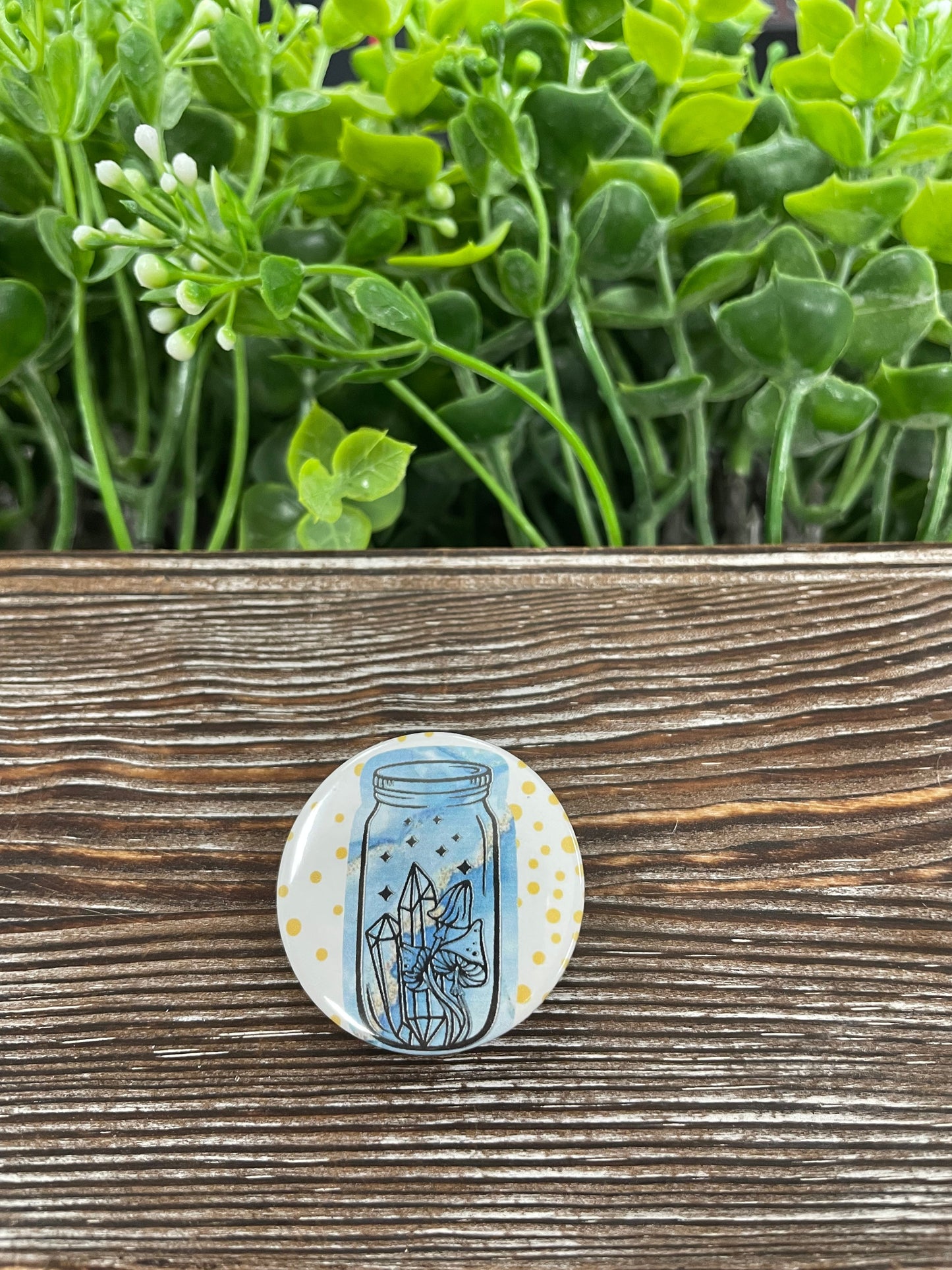 Blue Marble Crystals, Mushrooms Mason Jar Graphic Art Button / Pin Refrigerator Magnet - Handmade by Marlayna