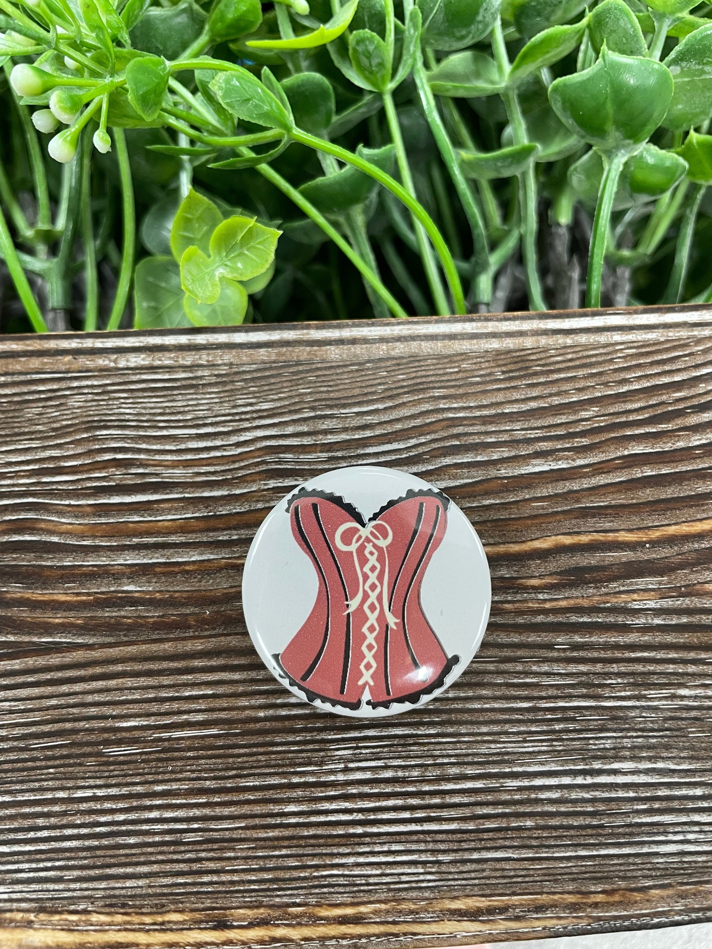 Red Pinup Sexy Laced Corset Graphic Art Button / Pin Refrigerator Magnet - Handmade by Marlayna