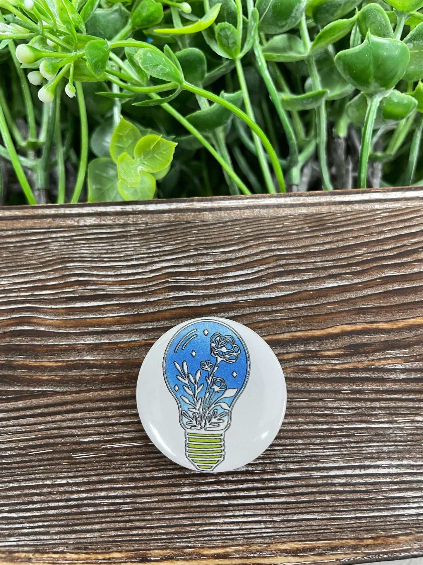 Lightbulb Flowers Graphic Art Button / Pin Refrigerator Magnet - Handmade by Marlayna