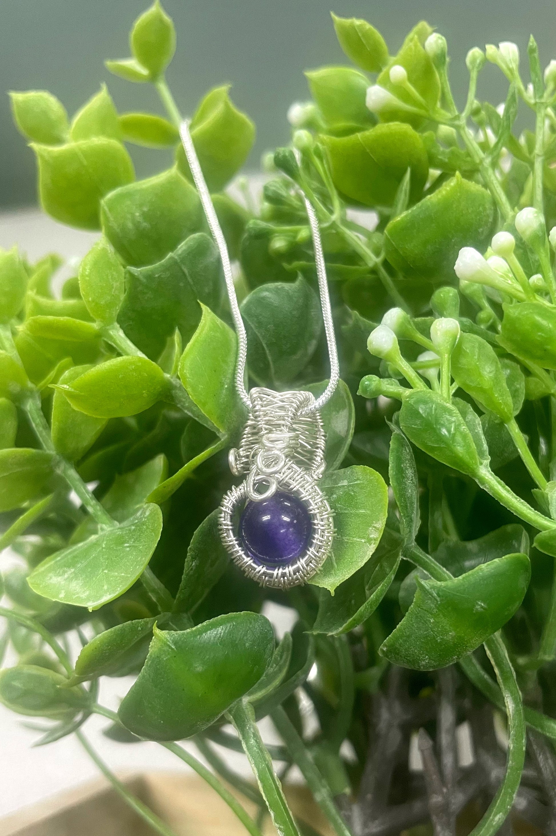 Mini Wire Wrapped Amethyst Gemstone Pendant W/ Sterling Silver Wire - Handmade by Marlayna