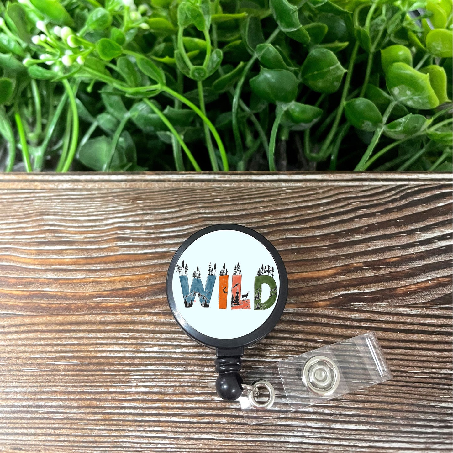 WILD, Retractable Badge Reel, Boho Fun, Sublimation Lanyard Holder, Camping Navigation, Outdoors Woods - Handmade by Marlayna