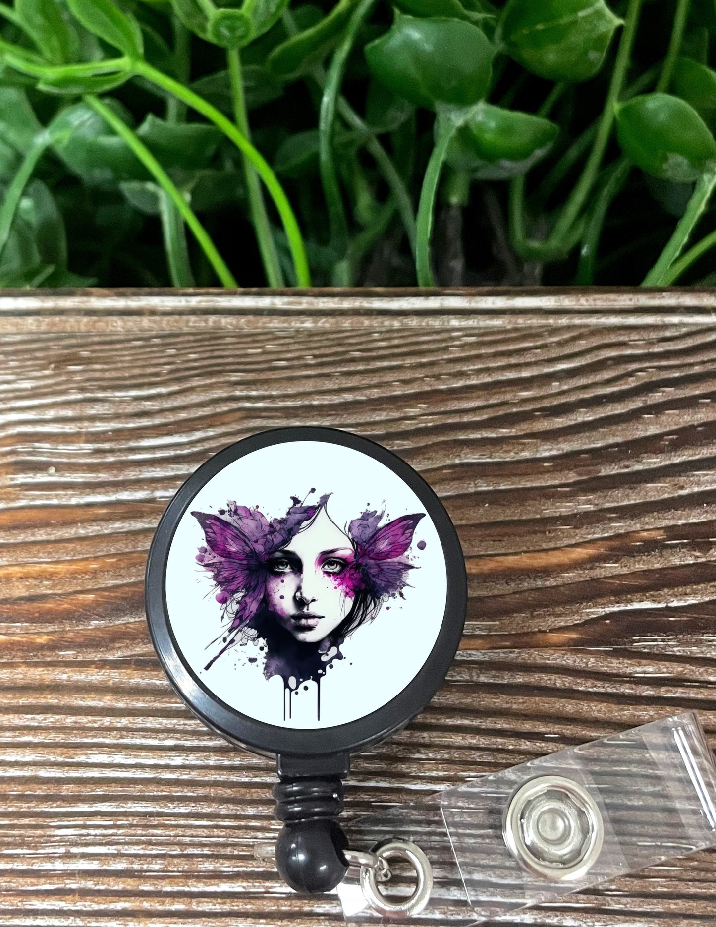 Butterfly Dark Angel Face, Retractable Badge Reel, , Boho Fun, Sublimation Lanyard Holder - Handmade by Marlayna