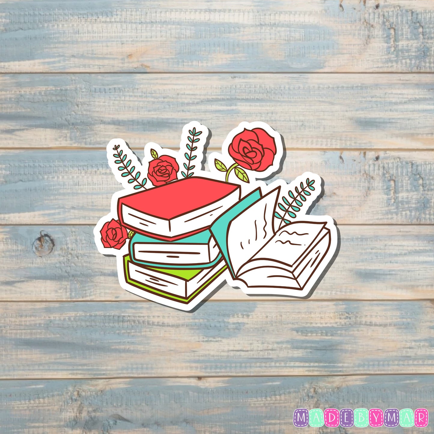 Flowers and Book Stack Sticker |Sticker or Magnet