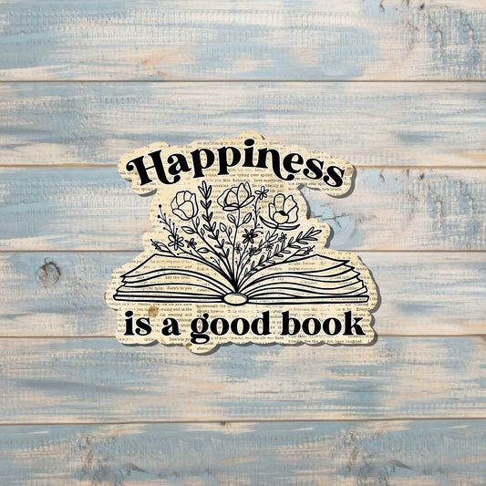 Happiness is a Good Book, Vintage Die Cut Sticker, Graphic Art Sticker, Vinyl, , Boho Fun |Sticker or Magnet