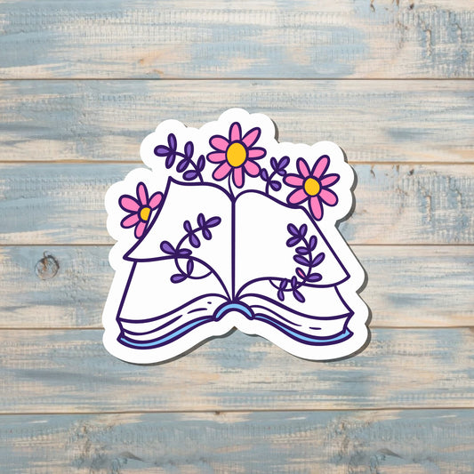 Open Book and Flowers, Die Cut Sticker, Graphic Art Vinyl, , Boho Fun, Motivational |Sticker or Magnet