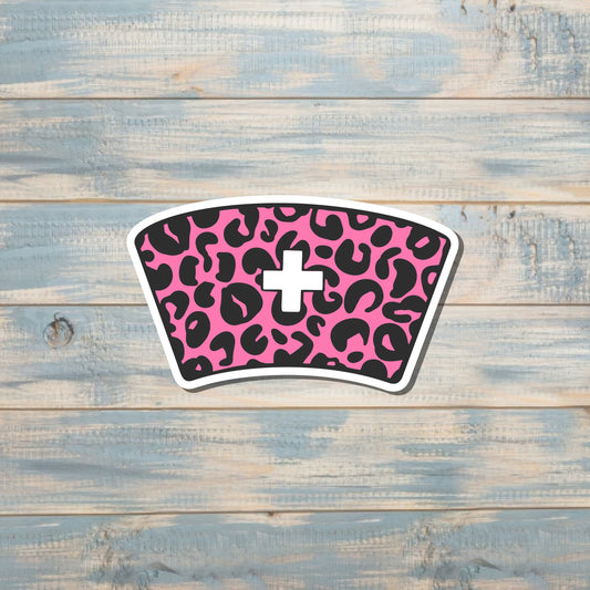 Pink Cheetah Print Nurse Cap, Die Cut Vinyl Sticker, , Boho Fun, Water Resistant |Sticker or Magnet