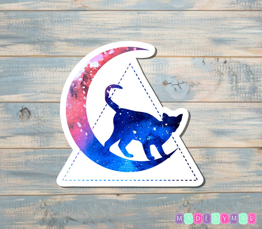 Cat Sitting on Crescent Moon Sticker, Blue Triangle |Sticker or Magnet