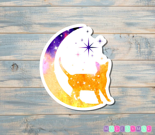 Cat Sitting on Crescent Moon Sticker, Orange and Purple |Sticker or Magnet