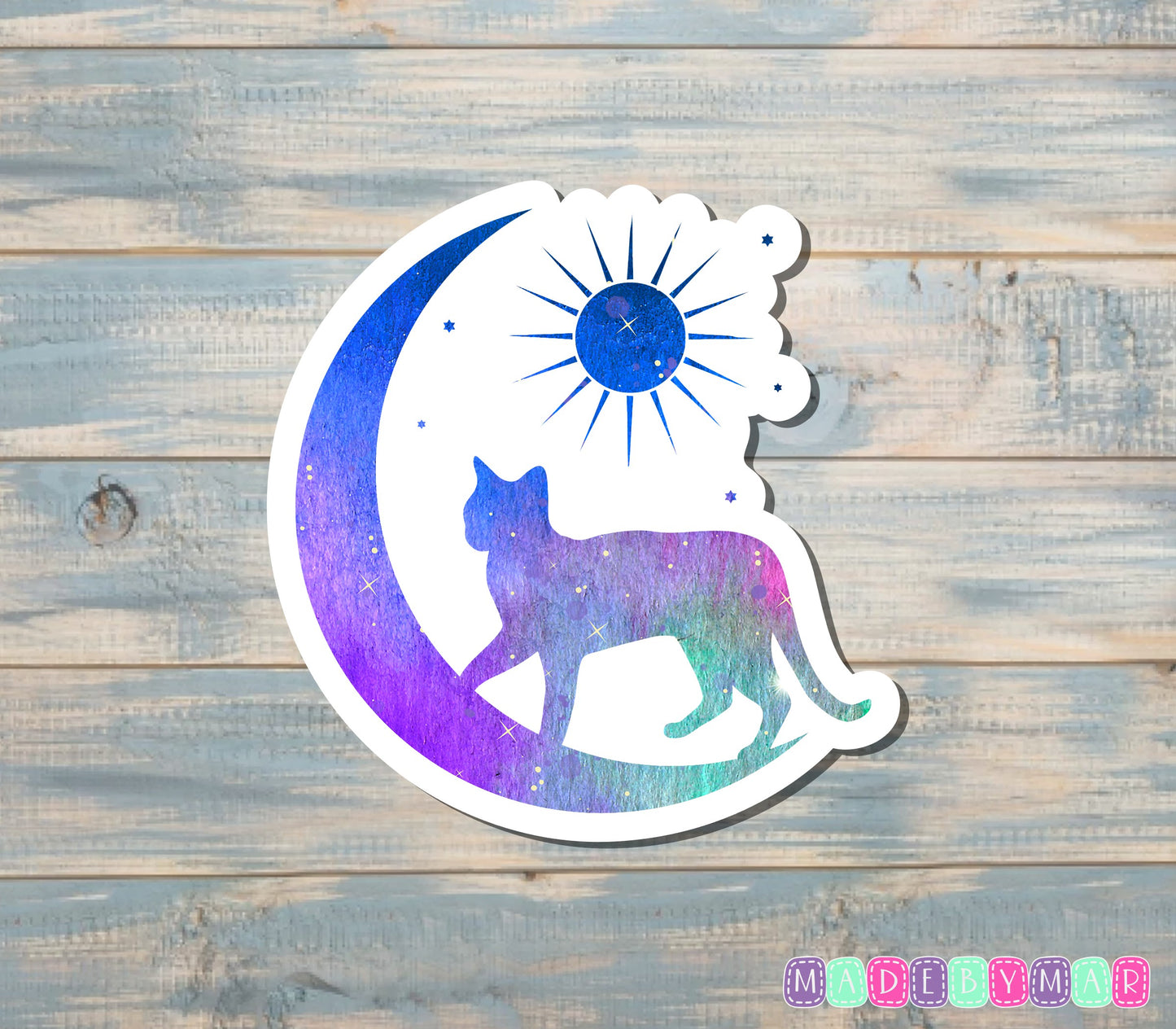 Crescent Moon, Sun, and Cat Sticker, Blue and Purple |Sticker or Magnet