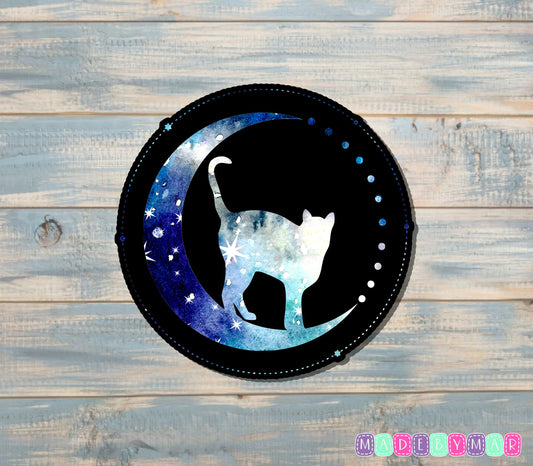 Cat Sitting on Crescent Moon Sticker, Black and Blue |Sticker or Magnet