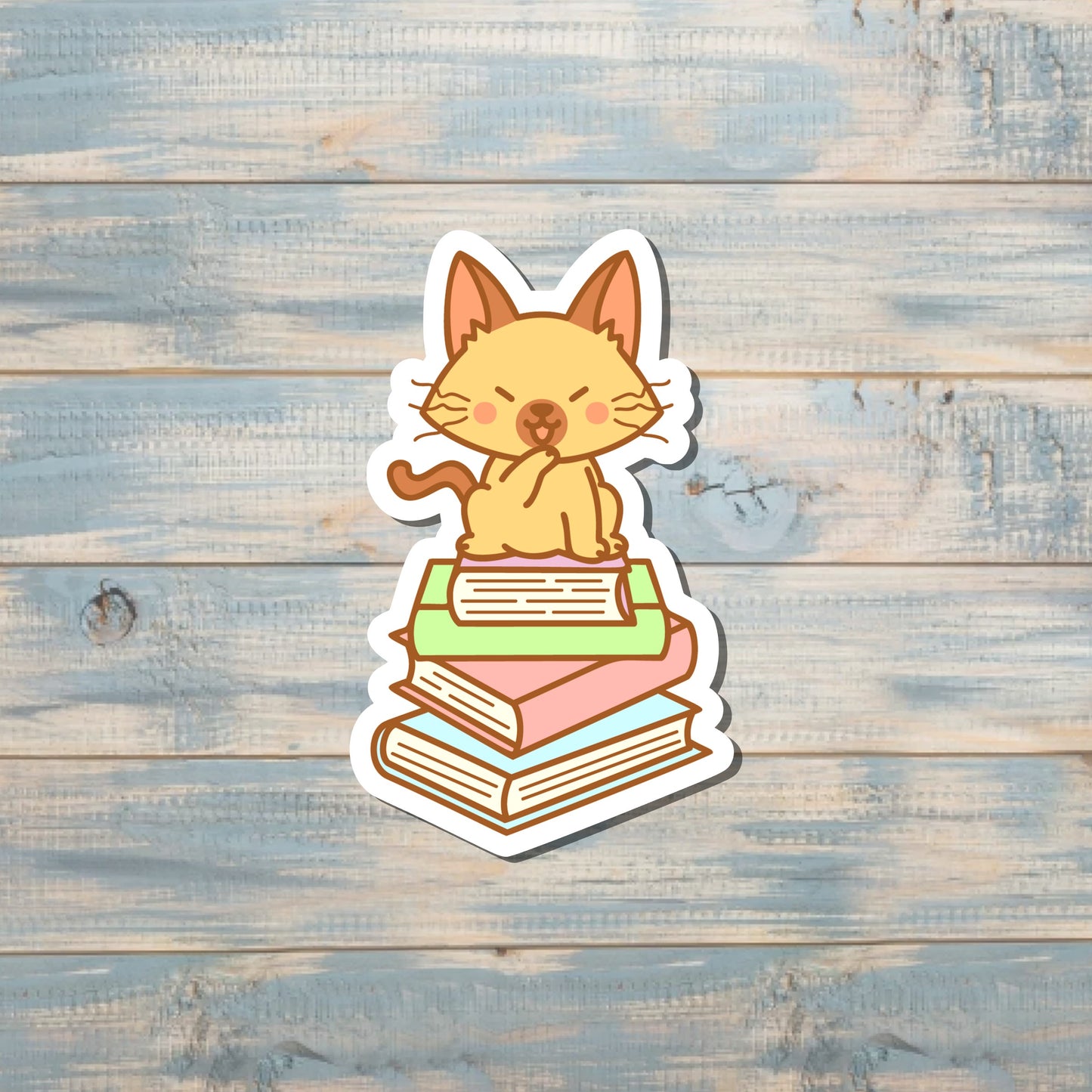 Mischievous Cat on Books, Die Cut Vinyl Sticker, , Boho Fun, Water Resistant |Sticker or Magnet