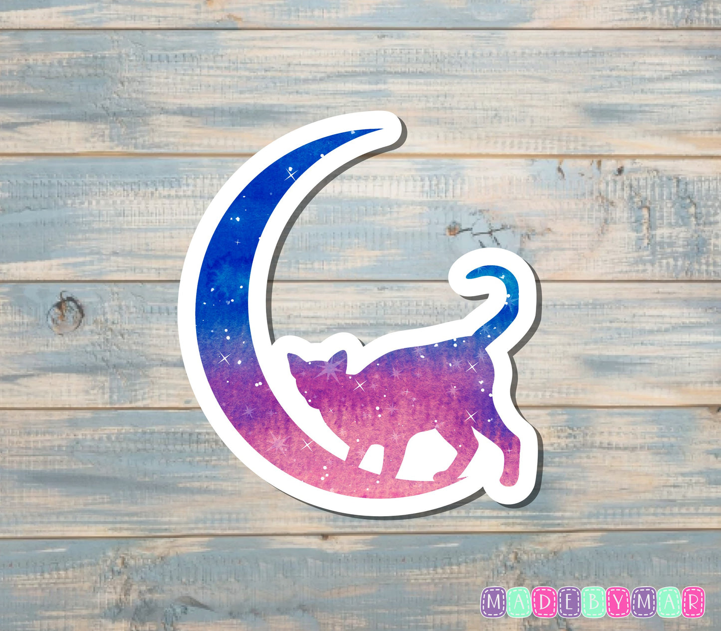 Crescent Moon and Cat Sticker, Blue and Pink |Sticker or Magnet