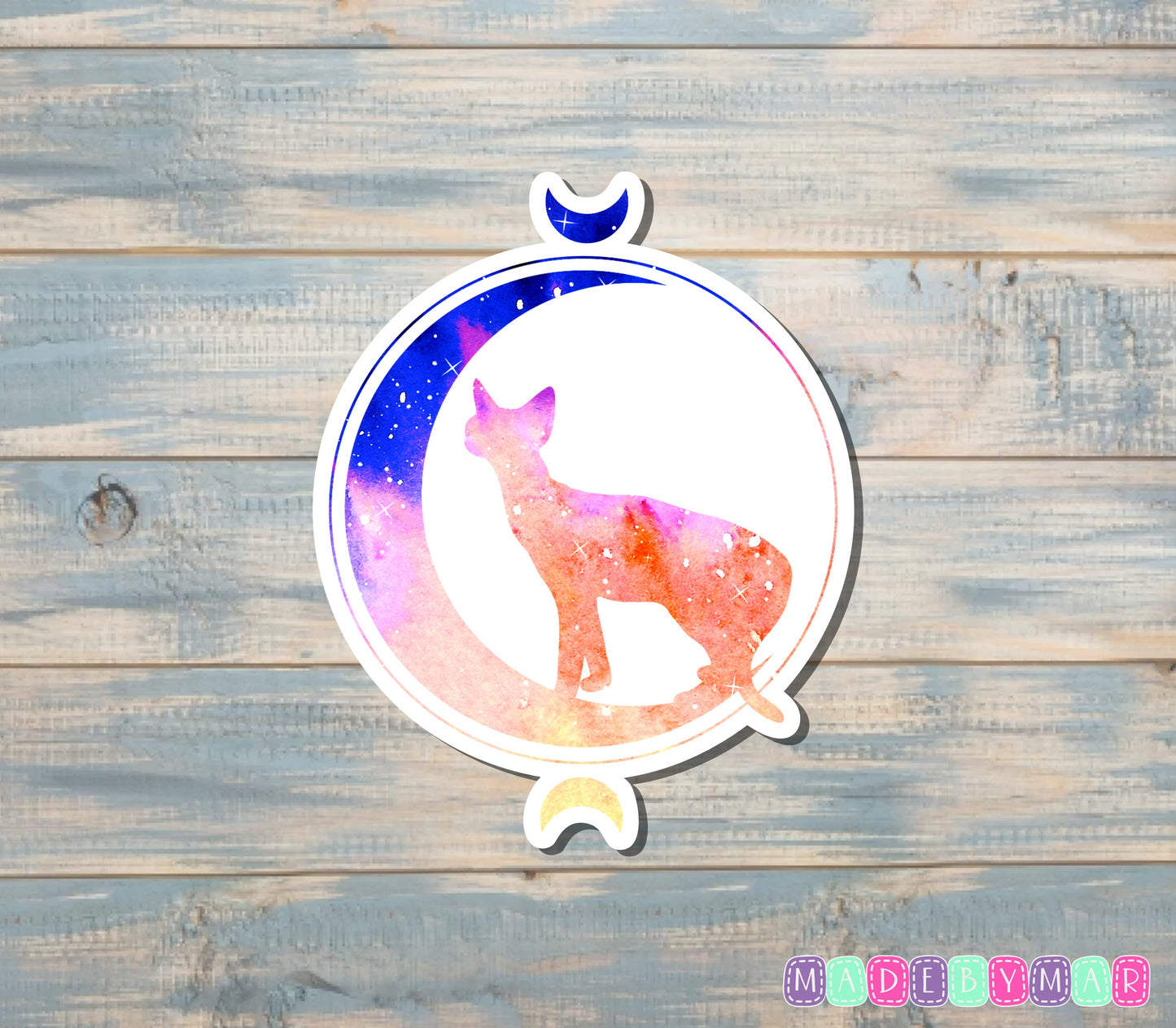 Crescent Moon and Cat Sticker, Blue and Orange |Sticker or Magnet