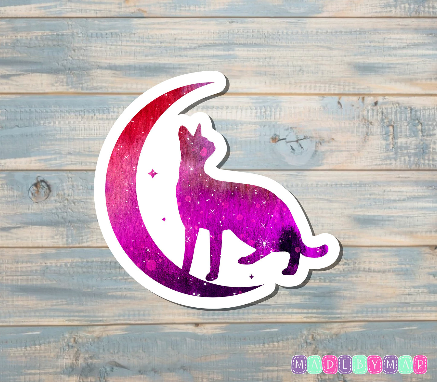 Purple Crescent Moon, Stars, and Cat Sticker |Sticker or Magnet