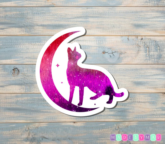 Purple Crescent Moon, Stars, and Cat Sticker |Sticker or Magnet